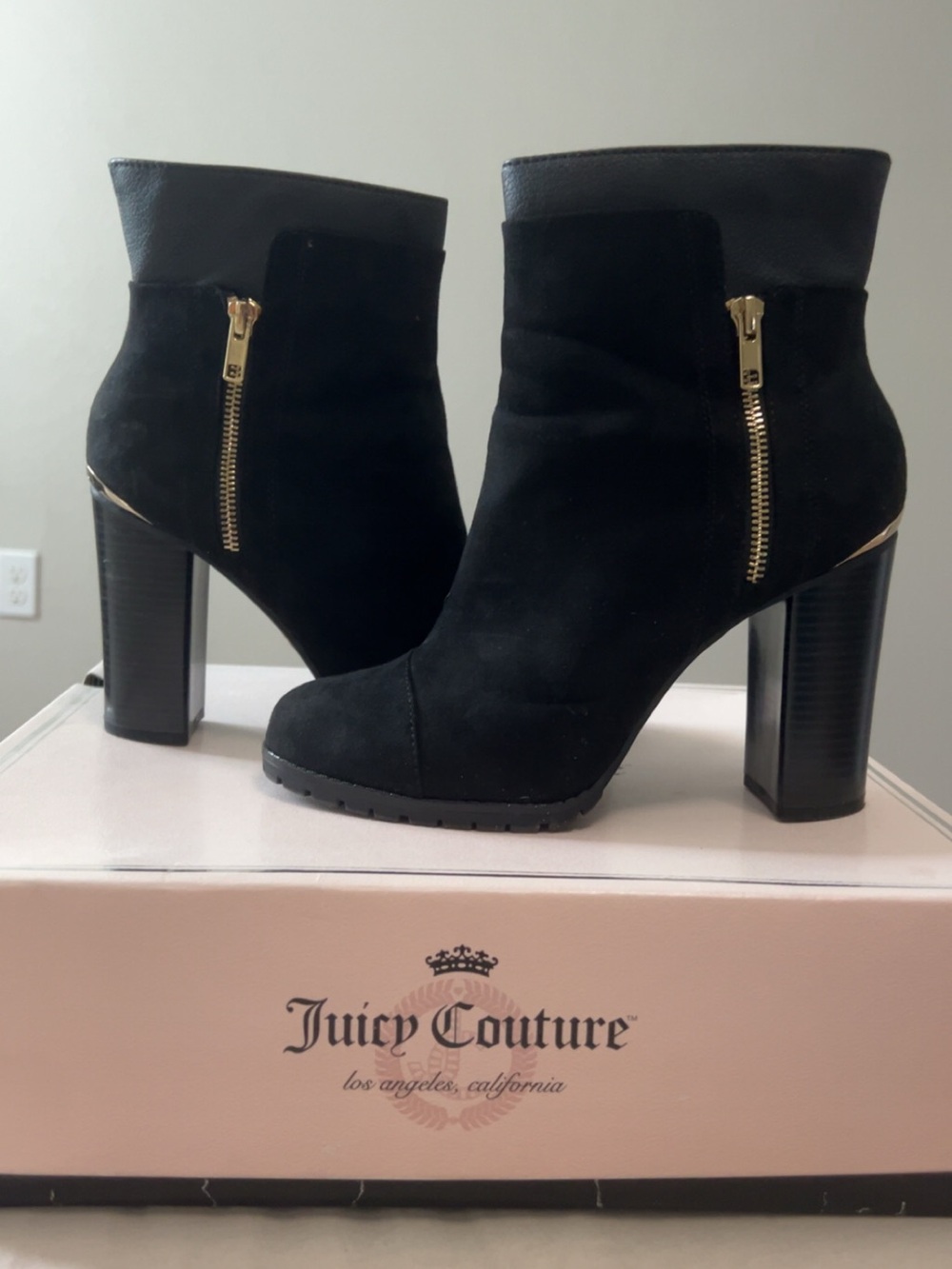 Juicy Couture Black Suede Ankle Boots with Gold Zipper Detail
